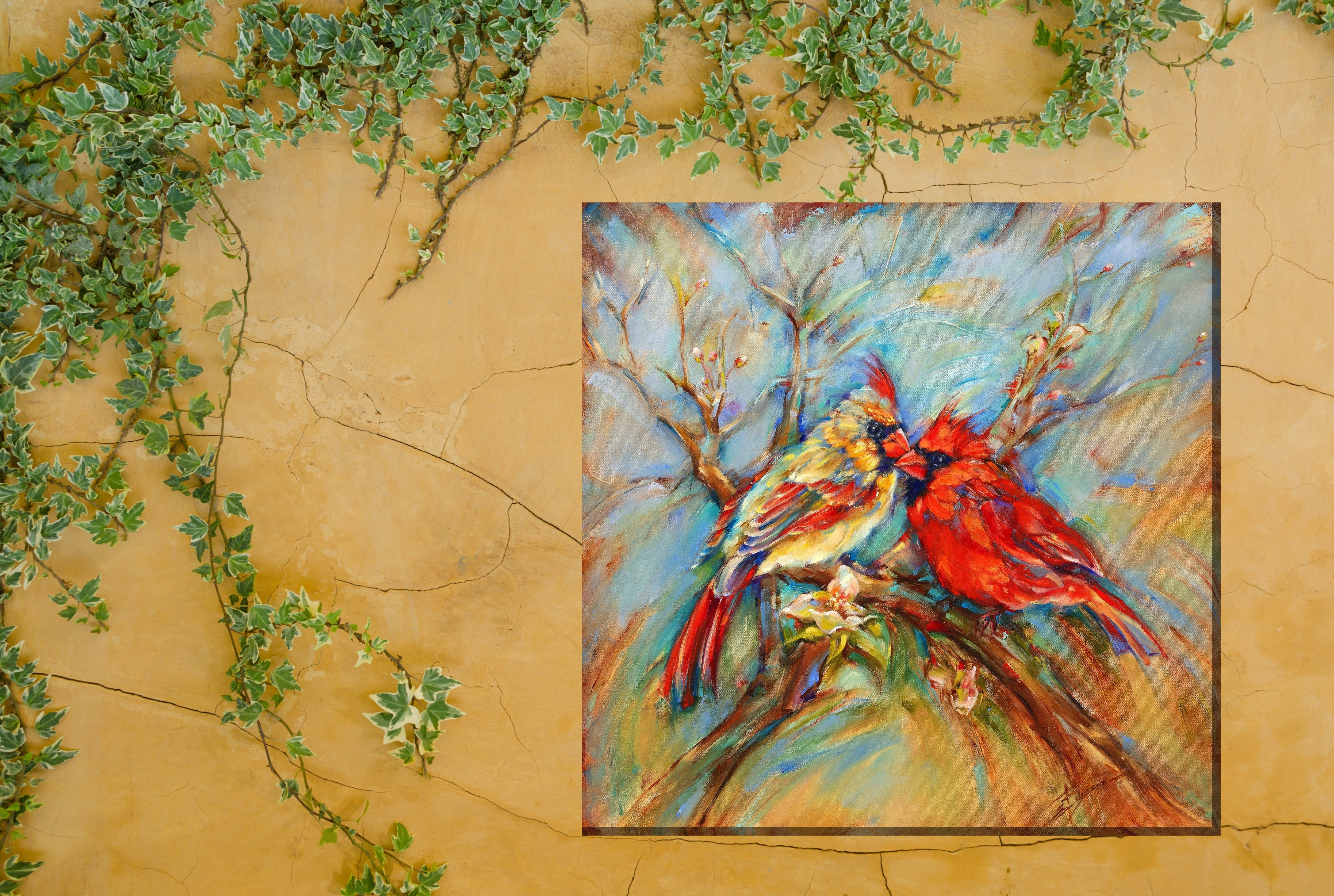 West of the Wind Outdoor Canvas 24"x24" Wall Art - Spring Cardinals