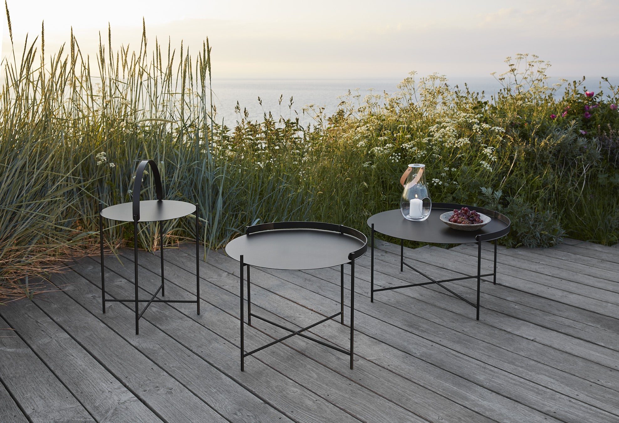 Edge Large Tray Table pictured in Black with Black Handle with the Medium (HOU-10912) and Small (HOU-10911) Edge Tray Tables in Black (sold separately)