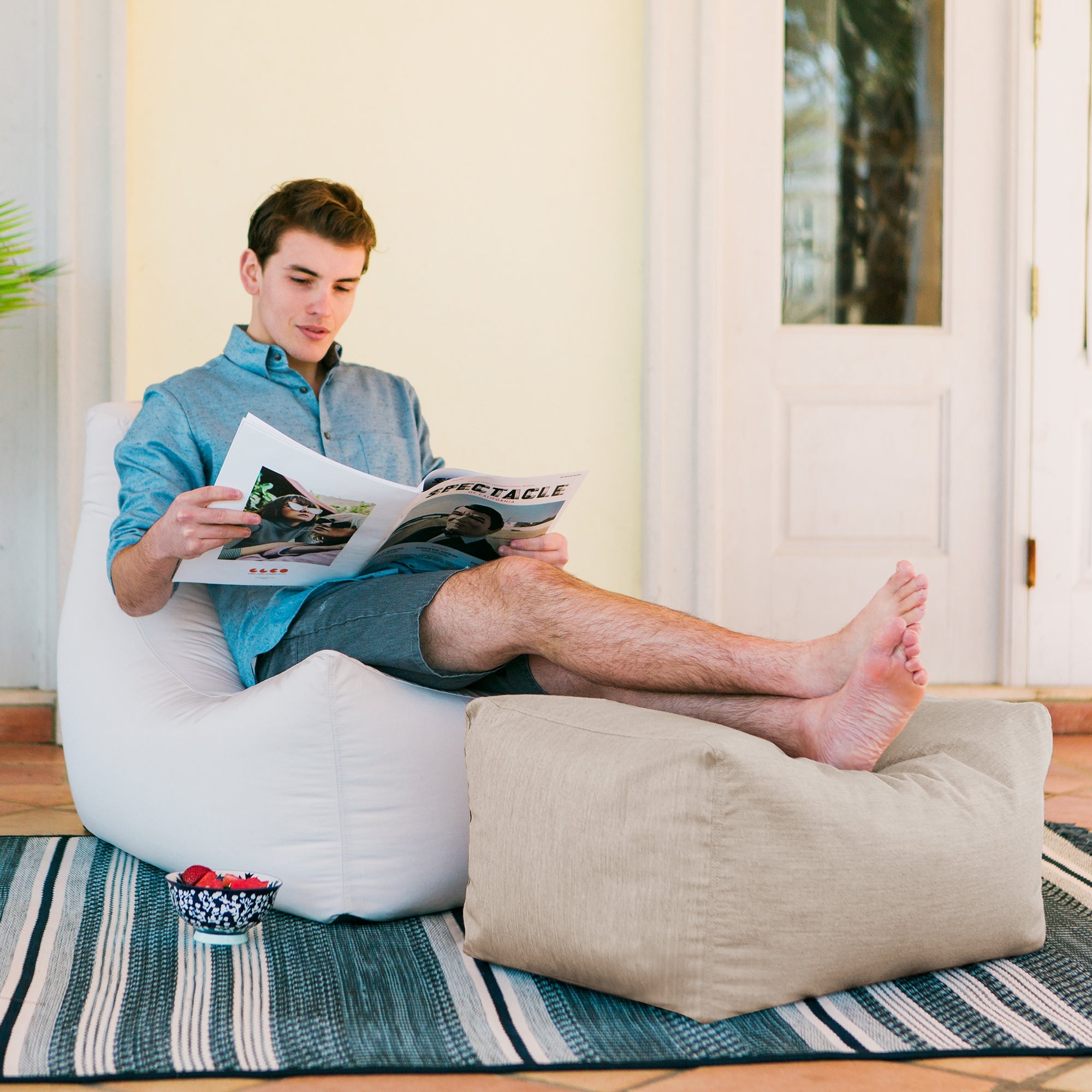 Leon Outdoor Bean Bag Ottoman Bench - Sunbrella Flax