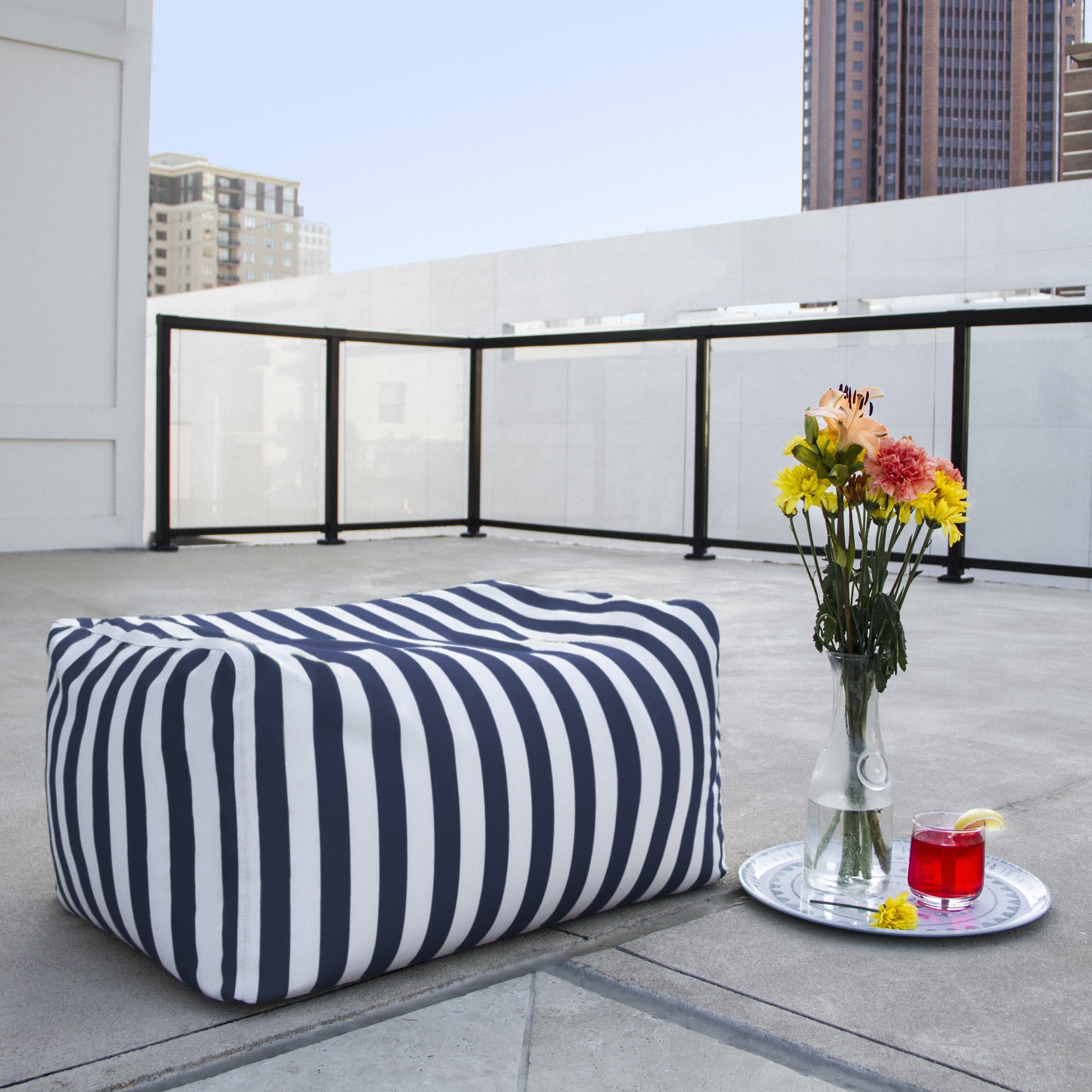 Leon Outdoor Bean Bag Ottoman Bench - Navy Stripe Acrylic