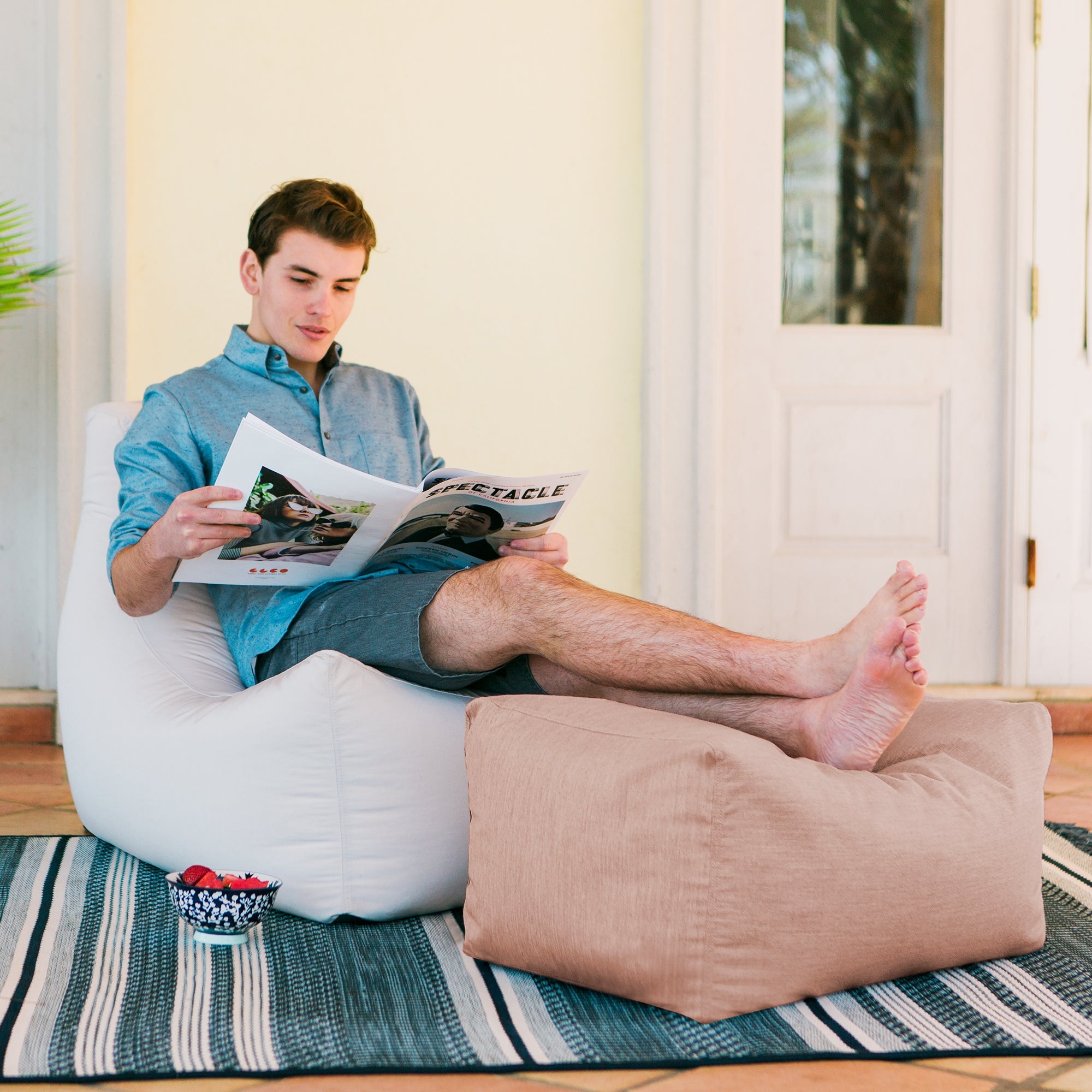 Leon Outdoor Bean Bag Ottoman Bench - Sunbrella Petal 