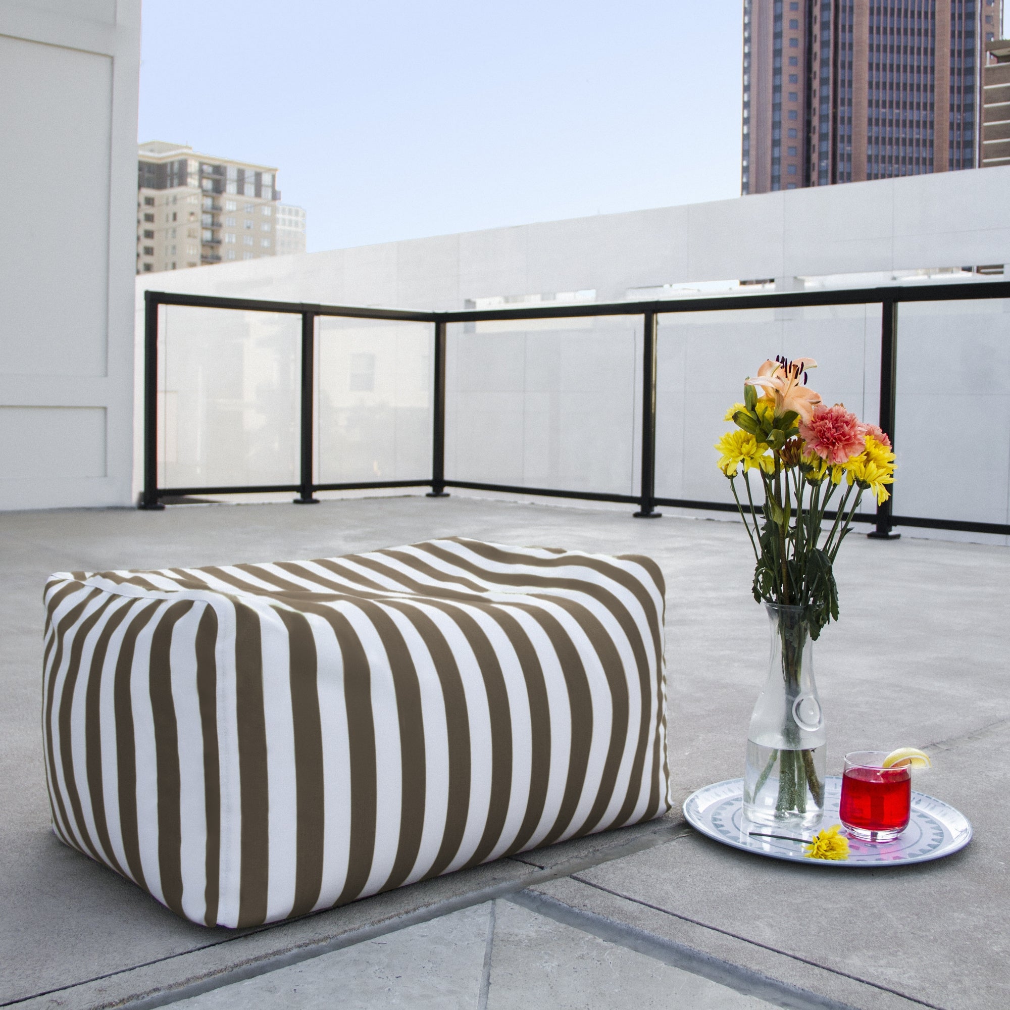 Leon Outdoor Bean Bag Ottoman Bench - Taupe Stripe Acrylic