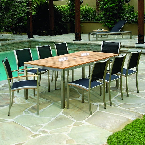 Kingsley Bate Tiburon Stainless Steel and Teak Trim 9 Piece Dining Ensemble