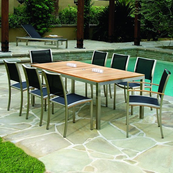 Kingsley Bate Tiburon Stainless Steel and Teak Trim 9 Piece Dining Ensemble