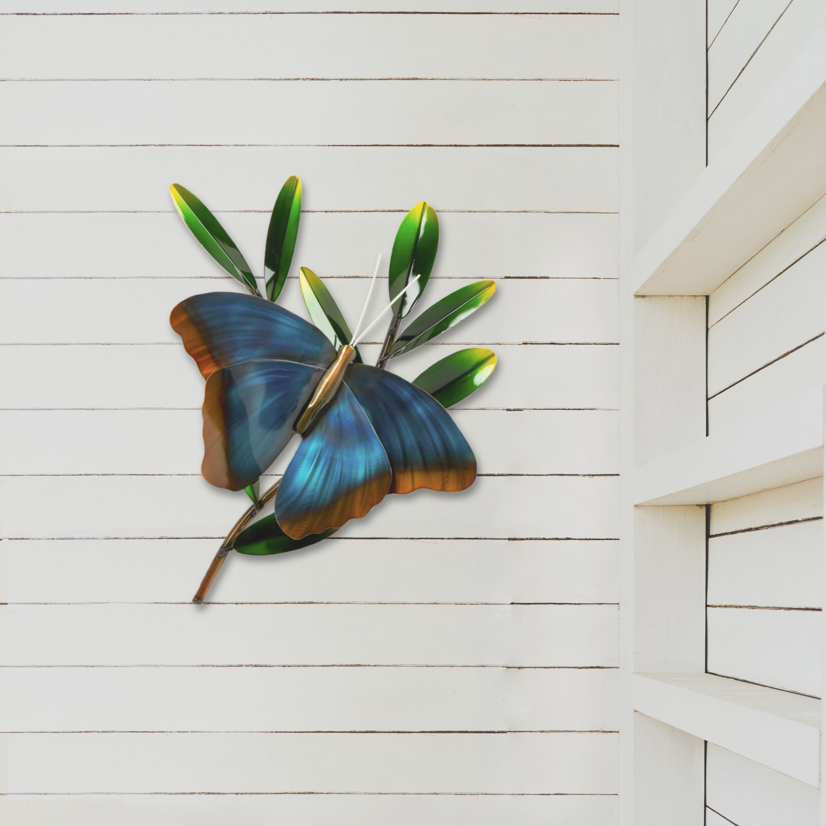 Copper Art Blue Morpho Butterfly On Branch Metal Wall Sculpture