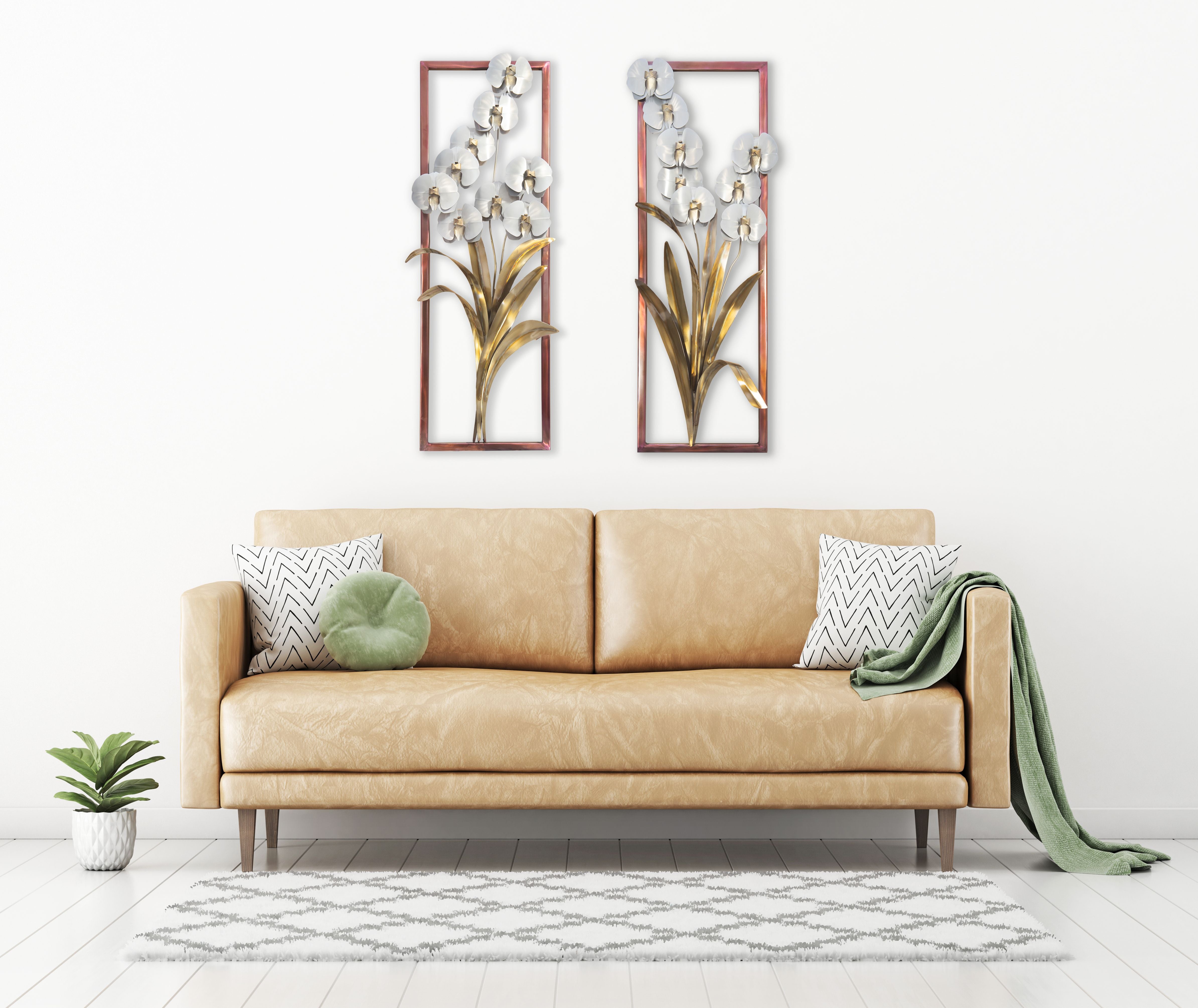 Copper Art Orchid Frame Pair Metal Wall Sculpture