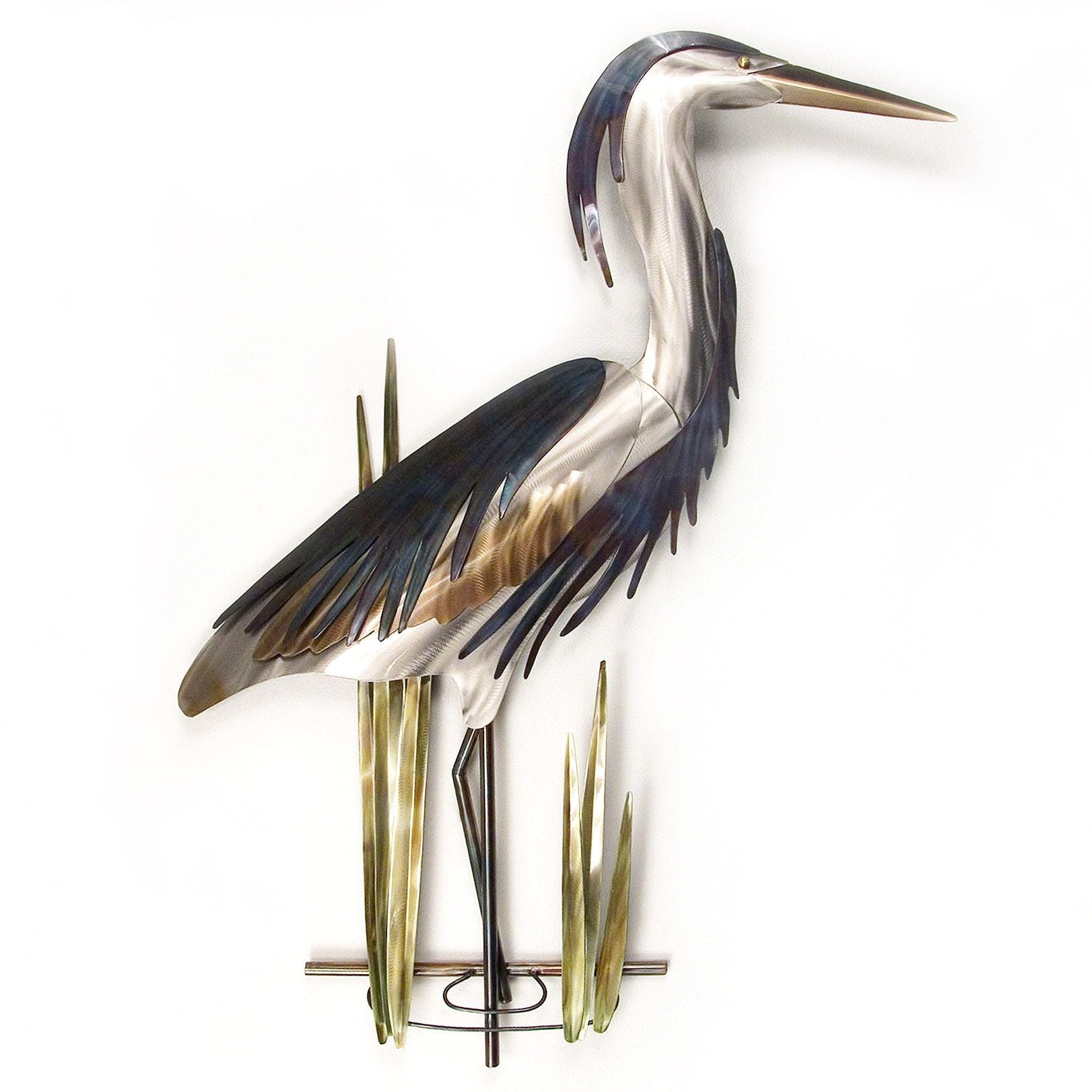 Copper Art Blue Heron Head Up Metal Wall Sculpture