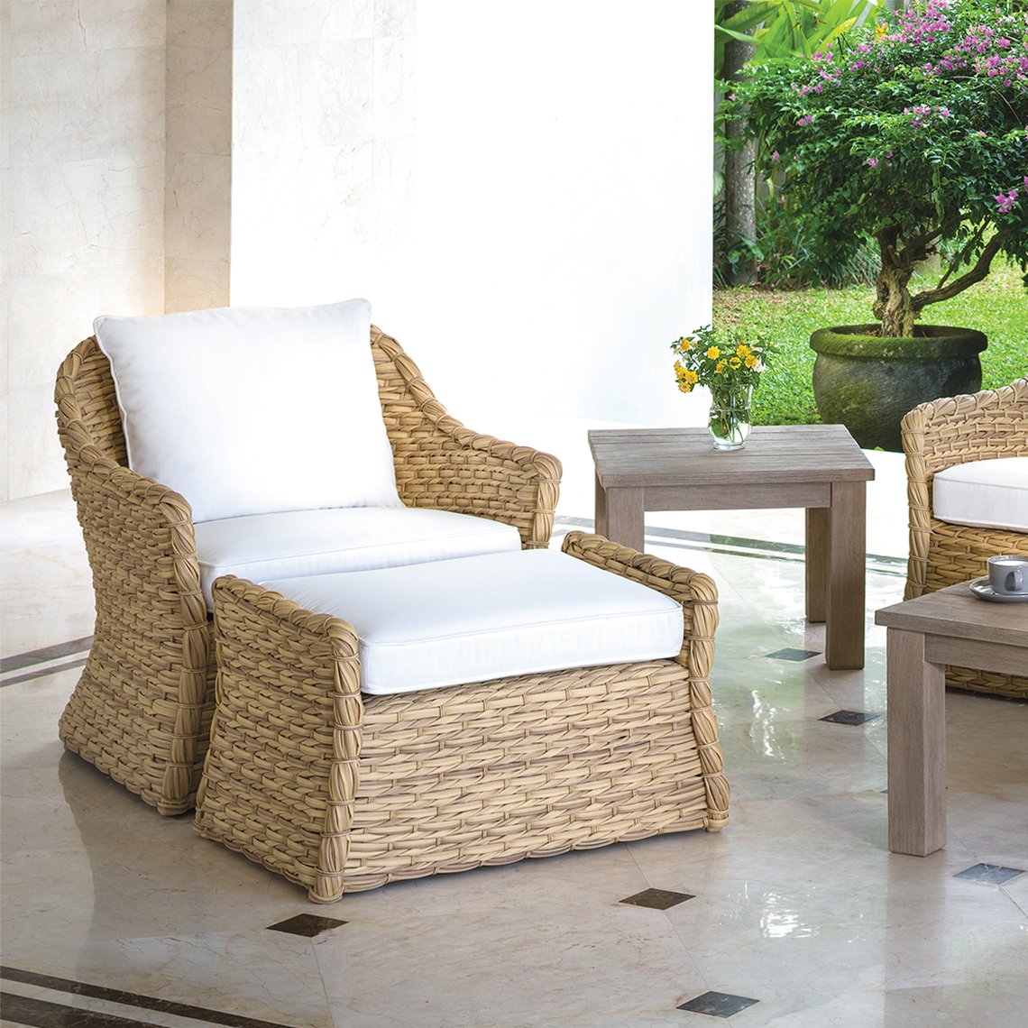 Kingsley Bate Vero Wicker Deep Seating Ottoman picured with Lounge Chair