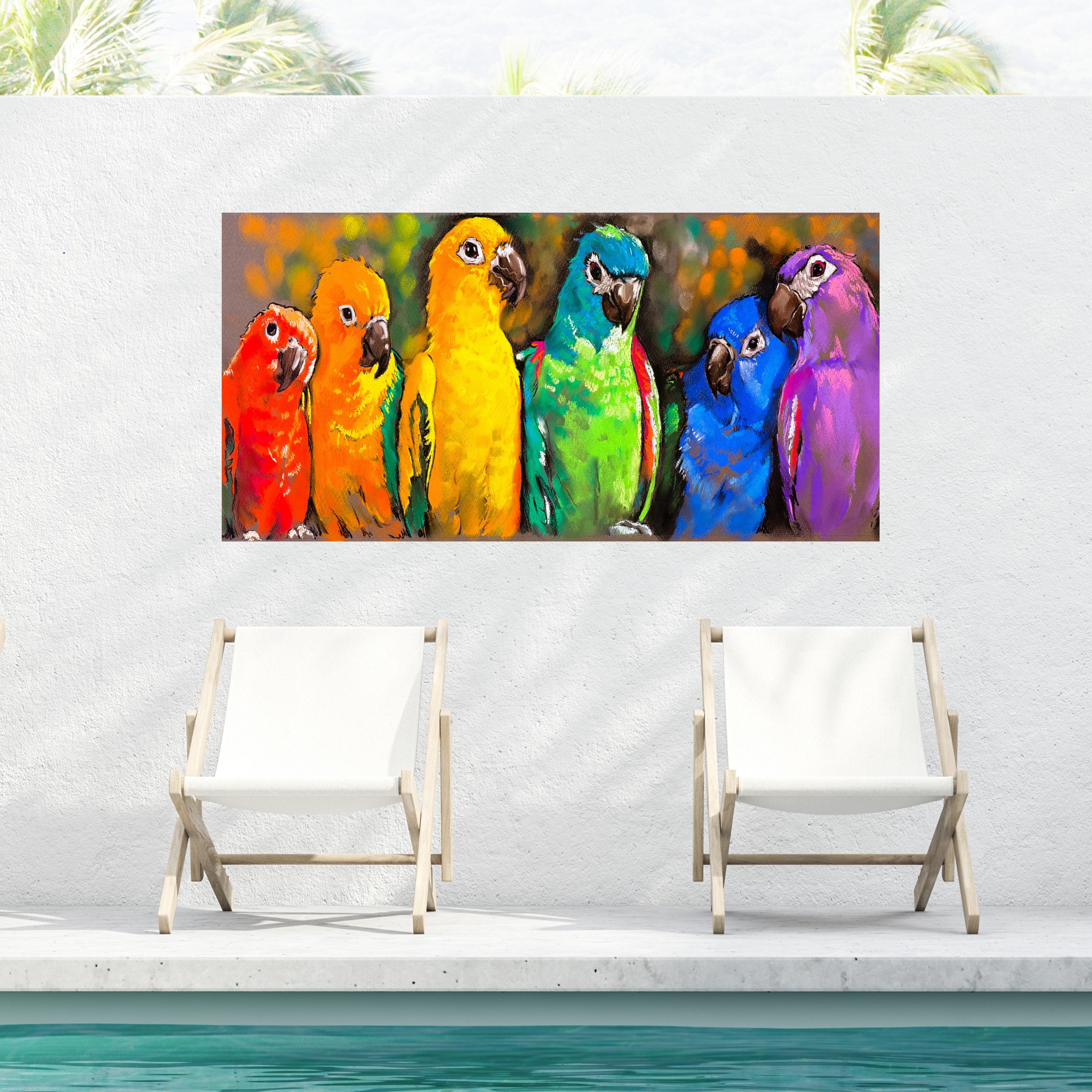 West of the Wind Outdoor Canvas 48”x24” Wall Art - Pretty Parrots