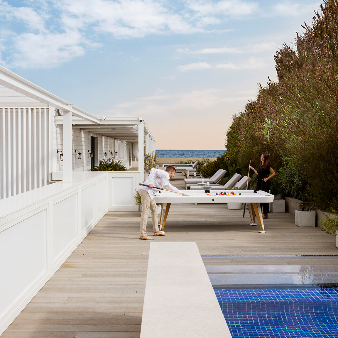 Diagonal Outdoor Pool Table - White with White Cloth