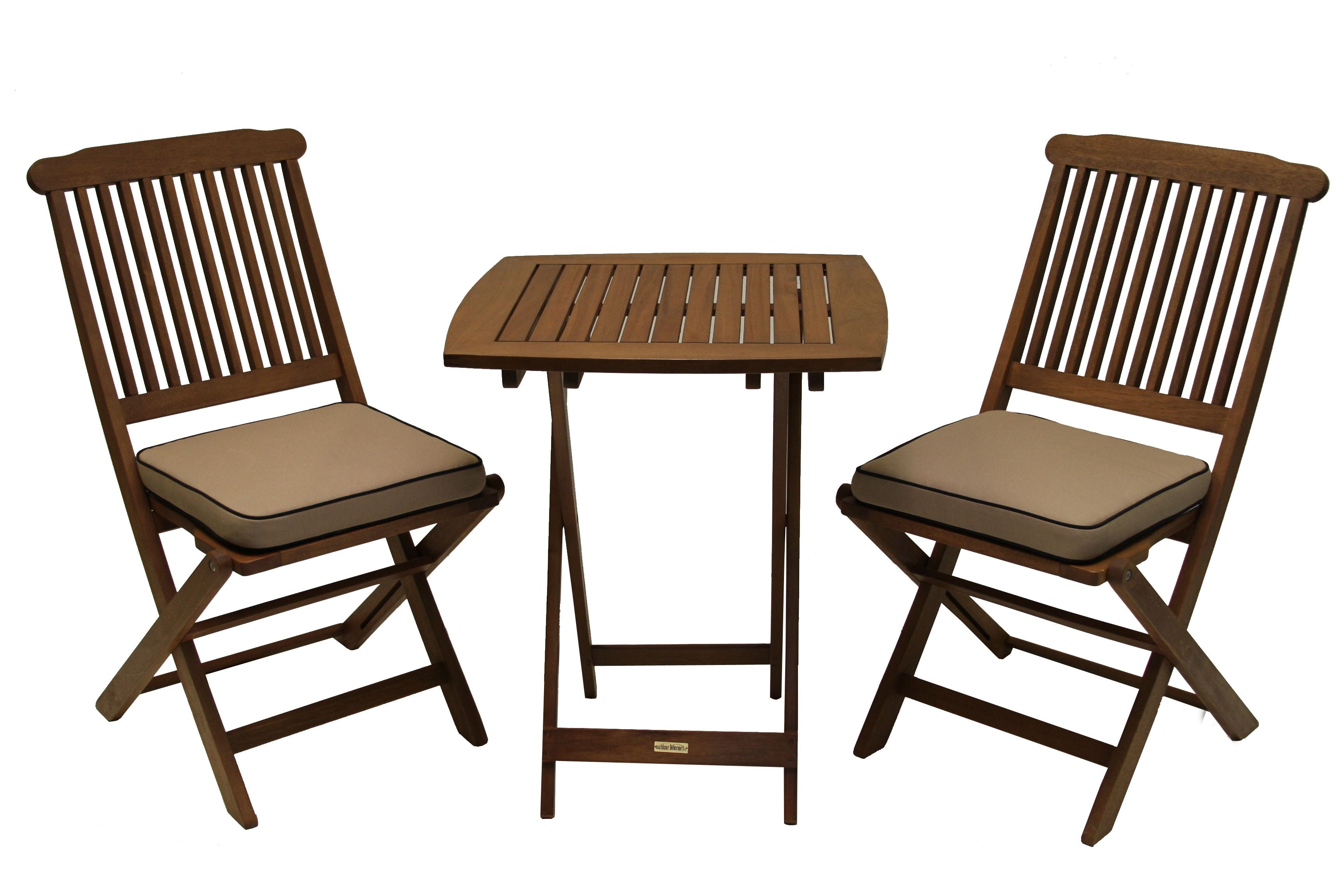 Outdoor Interiors Eucalyptus 3 Piece Bistro Set - Beige Cushions - 1 Quick Ship