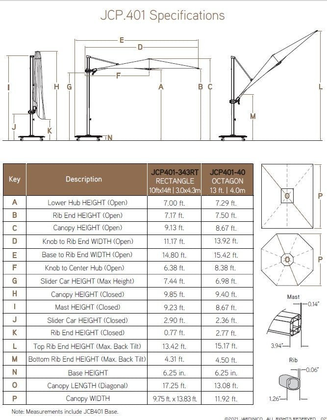 Jardinico JCP.401 Rectangular 10' x 14' Sidepost Umbrella Specifications