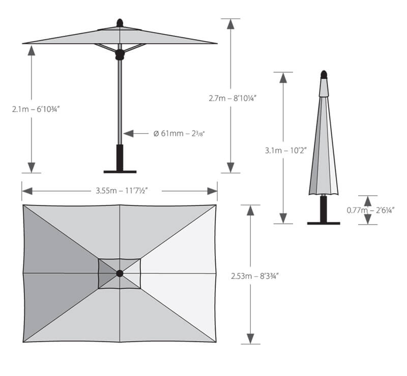 Barlow Tyrie Napoli 11.5' x 8.2' Rectangular Telescopic Umbrella Measurements