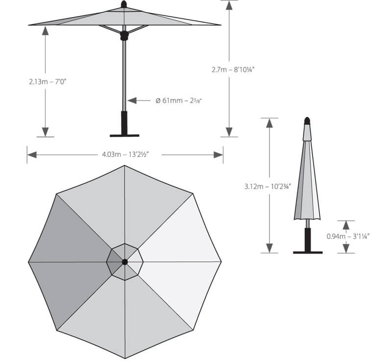 Barlow Tyrie Napoli 13' Round Telescopic Umbrella Measurements